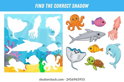  Find correct shadow of ocean animals. Worksheet with cartoon sea animals for kids, puzzle. Educational logical game for kids. Underwater landscape. Vector