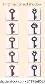 Find the correct shadow of old keys. Worksheet. Vector illustration for activity book, children's entertainment.