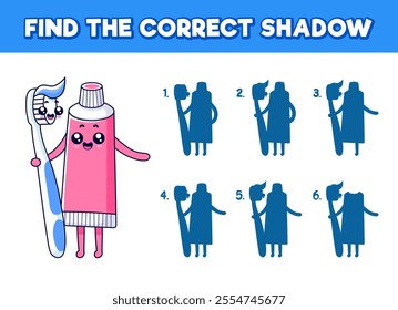 Find the the correct shadow on the topic of hygiene. Toothbrush hugs toothpaste. Cute cartoon illustration. Isolated on white background.