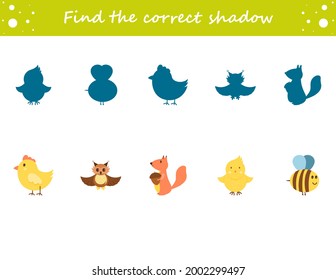 Find the correct shadow. Owl, chick, hen, squirrel, bee, cock. Education worksheet. Matching game for kids. Puzzle for children. Cartoon character. Isolated vector illustration.