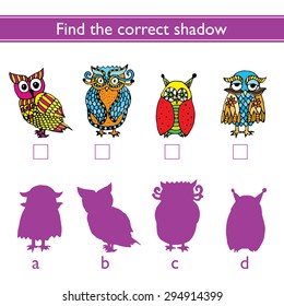 Find the correct shadow (owl). Match the pictures of cute vivid owls to their shadows.
