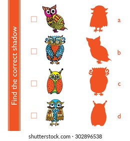 Find the correct shadow (owl). Match the pictures of cute vivid owls to their shadows.