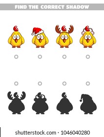 Find the correct shadow. Page of book with game for children. Funny chickens. Vector illustration