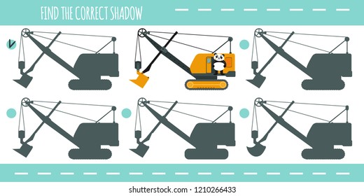 Find the correct shadow. Panda in the  power shovel.  Learning children game.