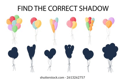 Find the correct shadow party balloons. Worksheet. Educational logical game for kids. Vector illustrations