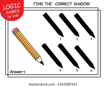 Find the correct shadow Pencil. Cute cartoon wooden pencil with rubber eraser. Shadow matching game for children. Logic Game for Kids. Education card or worksheet for school children. Task with answer