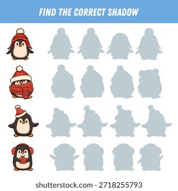 Finde den richtigen Schatten des Pinguins. Logisches Lernspiel für Kinder. Cartoon lustiger Pinguin. Weihnachtsspiel. Vektorgrafik