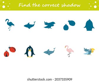 Find the correct shadow penguin, ladybug, parrot, flamingo, shark. Education worksheet. Matching game for kids. Puzzle for children. Cartoon character. Isolated vector illustration.