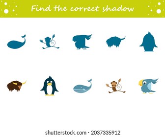 Find the correct shadow penguin, yak, parrot, monkey, whale. Education worksheet. Matching game for kids. Puzzle for children. Cartoon character. Isolated vector illustration.