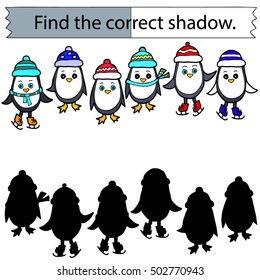 Find the correct shadow. Penguins.  Educational game for children. Black and White.