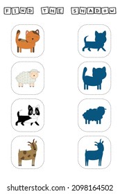 Find correct shadow with pets cat, sheep, dog, goat.  Kids educational game. 
