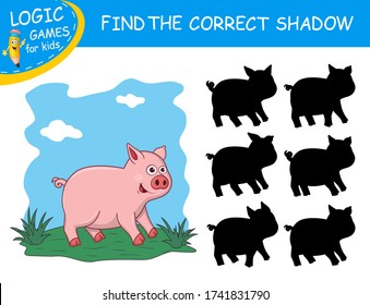 Find the correct shadow the Pig. Cute cartoon pig on colorful background. Educational matching game for child with fun character. Logic Games for Kids. Learnig card for kindergarten or school.