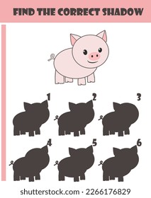 Find the correct shadow Pig. Cute cartoon Swine Logic Games for Kids. Education. For child preschool or kindergarten. Task with answer. Learning matching game for child with animal.