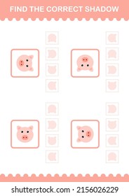 Find the correct shadow Pig face. Worksheet for kids