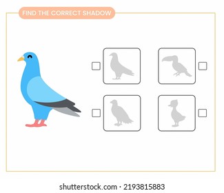 Encuentra la paloma de sombra correcta. Hoja de trabajo de actividad para niños en edad preescolar. Tema de los animales. ilustración vectorial.