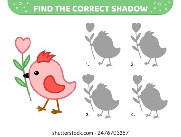 Find the correct shadow. Pink nestling with flower. Shadow matching game. Cartoon. Isolated vector illustration eps 10