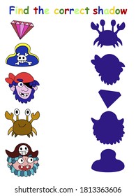 Find the correct shadow pirate game stock vector illustration. Matching shadow funny educational game for preschool kids. Cartoon pirates, crab, hat and pink brilliant simple game. One of a series.