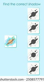 Find the correct shadow of the planet Saturn with its moons. Worksheet for children's activity book. Vector illustration. Space.