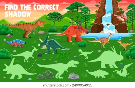 Encuentra la sombra correcta de los dinosaurios prehistóricos, juego de preguntas de dibujos animados para niños, hoja de trabajo de Vector. Coincidir y encontrar la silueta de sombra correcta de T-rex tyrannosaurus en el bosque del parque jurásico en los niños divertido juego