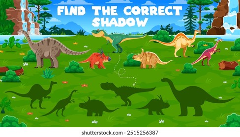 Encuentra la sombra correcta de los dinosaurios prehistóricos. Hoja de trabajo de juego de Vector para niños con personajes de dibujos animados y sus siluetas. Divertida actividad para niños, preescolar o jardín de infantes adivinanza educativa