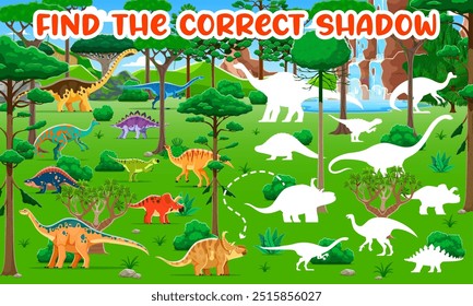 Encuentra la sombra correcta de los dinosaurios prehistóricos. Vector vibrante entrenamiento de juego educativo. Tarea de rompecabezas de acertijos para que los niños combinen el dino colorido con sus siluetas correctas en un paisaje jurásico