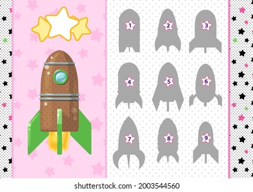 Find the correct shadow. Printable worksheet. A4 lanscape horizontal page. Rocket. Educational game for children. Vector