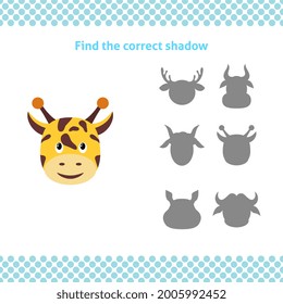 Find the correct shadow.  Printable worksheet. Educational game for toddlers with giraffe face. It can be used for kindergarten and preschool. Children activity page. 