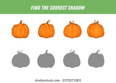 Encuentra la sombra correcta de la calabaza. Juego de lógica educativa para niños. Hortalizas de otoño. Actividad. Vector