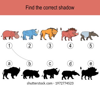 Find the correct shadow puzzle with animals living in tropics. Illustration can be used as logic game for children.