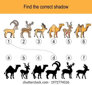 Encuentra el acertado rompecabezas de la sombra con los animales que viven en el sur. La ilustración puede utilizarse como juego lógico para niños.