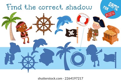 Find the correct shadow. Puzzle for children. Activity, vector illustration. Cute pirate, animals and ship objects in cartoon style. 