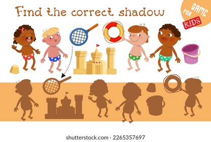 Find the correct shadow. Puzzle for children. Activity, vector illustration. Children at beach in summer. Sandcastle. 