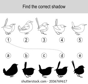 Find the correct shadow puzzle with different birds. Illustration can be used as logic game for children.