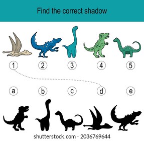 Find the correct shadow puzzle with dinos and reptiles. Illustration can be used as logic game for children.