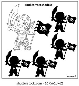 Find correct shadow. Puzzle Game for kids. Coloring Page Outline of cartoon pirate. Coloring book for children.