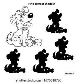 Find correct shadow. Puzzle Game for kids. Coloring Page Outline of cartoon dog with bone. Coloring book for children.