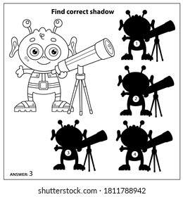 Find correct shadow. Puzzle Game for kids. Coloring Page Outline of cartoon little alien with telescope. Coloring book for children.