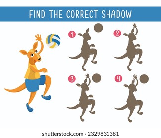 Buscar sombra correcta. Juego de rompecabezas para los niños. Canguro lindo jugando voleibol. Ilustración de dibujos animados. Carácter gracioso.