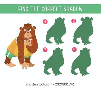 Find correct shadow. Puzzle game for children. Cute gorilla playing rugby. Vector cartoon illustration. Funny character.