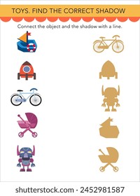 Find correct shadow. Puzzle Game for children. Cute cartoon style objects. Toys on white background. Preschool activity. Vector illustrations.