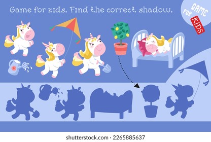 Find correct shadow. Puzzle for kids. Activity, vector illustration. Cute isolated unicorn set. Horse play with kite, dig in garden, sleep