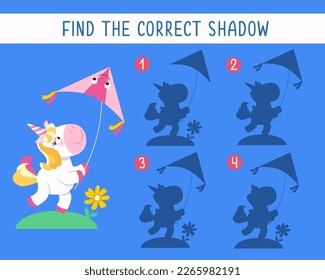 Find correct shadow. Puzzle for kids. Activity, vector illustration. Cute isolated unicorn play with kite.