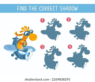 Find correct shadow. Puzzle for kids. Cute giraffe with smile on plane. Cartoon character. Vector illustration. Transport and air racing. 