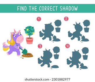 Find correct shadow. Puzzle for kids. Activity, vector illustration. Cute isolated unicorn in garden digging hole and replanting lemon tree. Cartoon style.