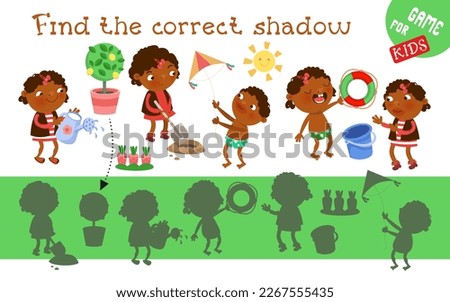 Find correct shadow. Puzzle for kids. Activity, vector illustration. Set of cute African American children on beach, in garden. 