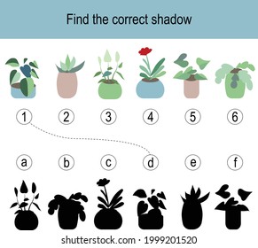 Find the correct shadow puzzle with plants in pots. Illustration can be used as logic game for children.