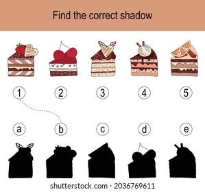 Encuentra el acertado rompecabezas de sombra con pasteles dulces. La ilustración puede utilizarse como juego lógico para niños.