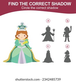 Encuentra la sombra correcta de una reina con vestido verde sosteniendo un ventilador de mano. Juego en la sombra para niños con temática del reino de hadas. Hoja de trabajo para niños. Hoja de cálculo imprimible educativa en archivo vectorial.
