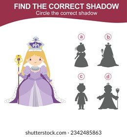 Encuentra la sombra correcta de una reina con vestido morado con cetro. Juego en la sombra para niños con temática del reino de hadas. Hoja de trabajo para niños. Hoja de cálculo imprimible educativa en archivo vectorial.