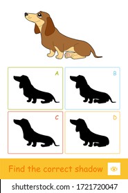 Find the correct shadow quiz learning children game with simple illustration of sitting dog and four silhouette shadows for the youngest children. Fun and learning of pers for kids.